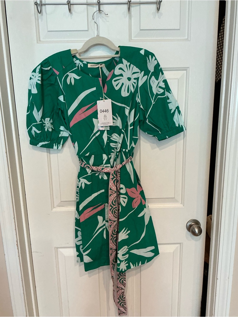Green Floral Puff-Sleeve Mini Dress with Patterned Belt